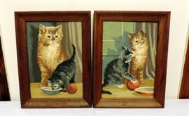 PAIR OF VINTAGE PAINT BY NUMBERS CAT & KITTEN