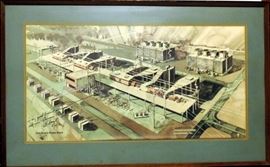ARTIST'S DRAWING OF POWER PLANT MID CENTURY