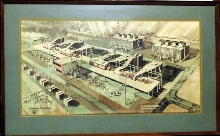 ARTIST'S DRAWING OF POWER PLANT MID CENTURY