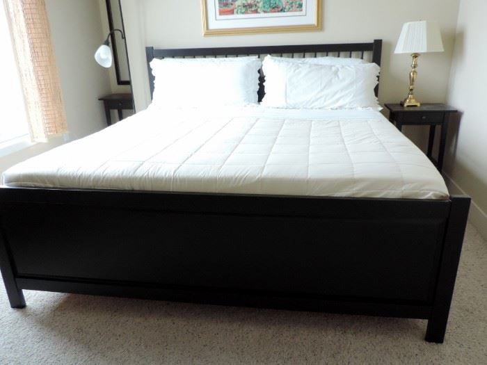 IKEA KING SIZE BLACK WOODEN BED AND BEDDING