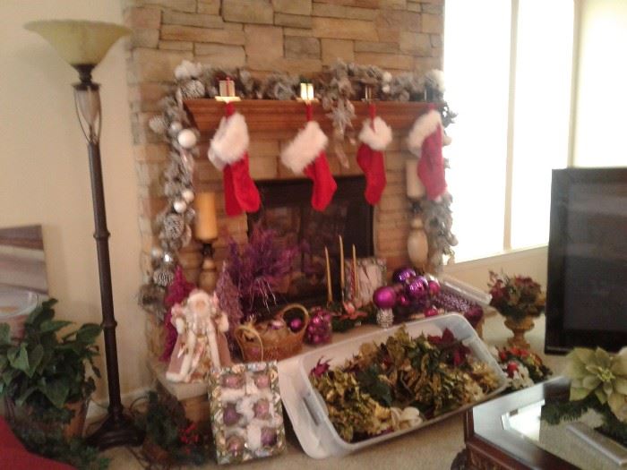 Lot of purple holiday decor, and pink, and traditional.  