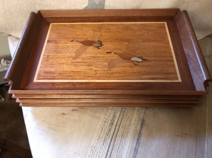 Wood marquetry geese trays