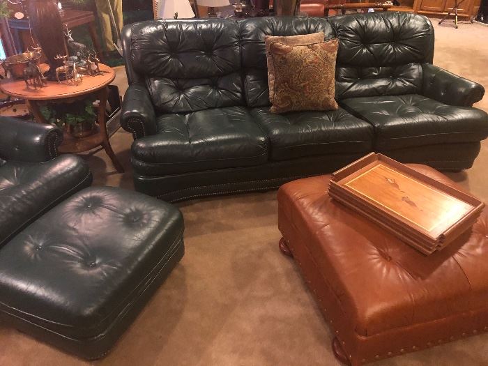 Leather sofa and chair with ottoman.  Color Is deep blue green.  Beautiful furniture