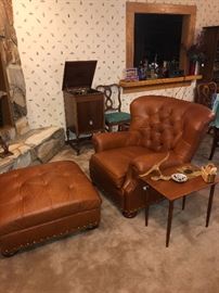 Oversized leather easy chair with matching ottoman 