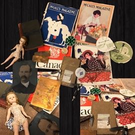 Vintage Dolls, Vintage McCalls Magazines, Tin Type photos... located in the Jewelry and  novelty room 