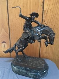 Frederic Remington bronze cowboy on horse statue (marble base)