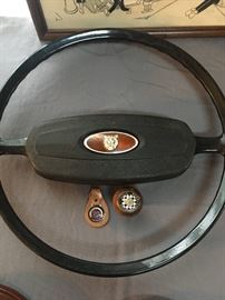 Vintage Jaguar steering wheel, gear shift knob, and key fob.  These will be sold separately.