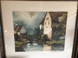 Original colored etching "House in Alsace" by Andre Delaistre