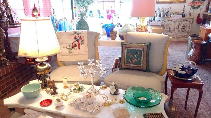 Beautiful furniture and tables. Sky blue fabric matching chairs, marble coffee table, assortment of lamps and decorator items, mouth blown venetian glass vase's,copper 2' urn, porcelain decor items and more