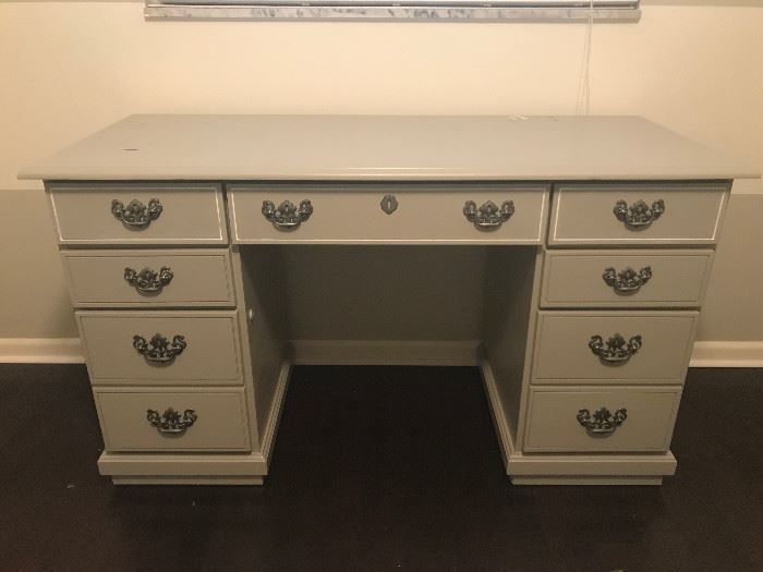 Vintage Shabby Chic 9 Drawer Desk with Pewter Hardware