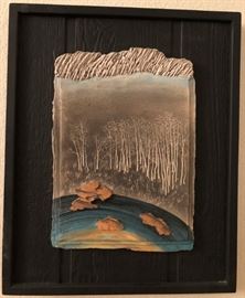 Ceramic and Wood Aspen Trees in Clay Mounted on Black Background