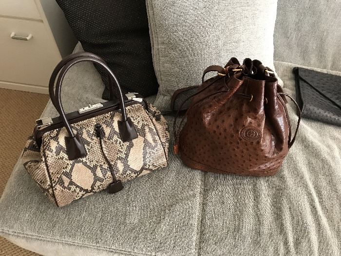 Prada snakeskin handbag and Gucci ostrich handbag. 