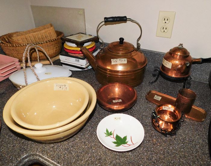 Roseville mixing bowls. Vintage brass tea kettle and more.
