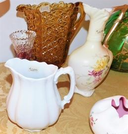 Vintage amber glass pitcher, ironstone pitcher