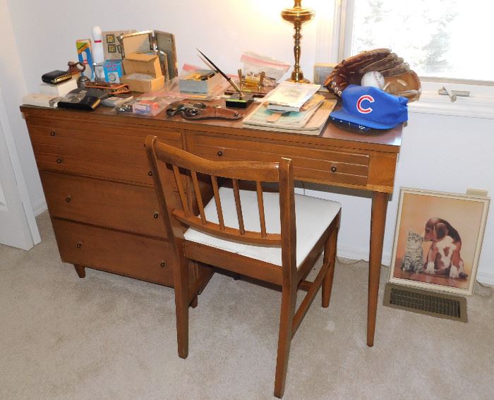 Mid-century desk and chair. Hubley Champ cap gun. Ron Santo ball glove.