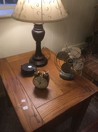 Oak Side Table.Lamp.Vintage Fan, Vintage Alarm Clock.