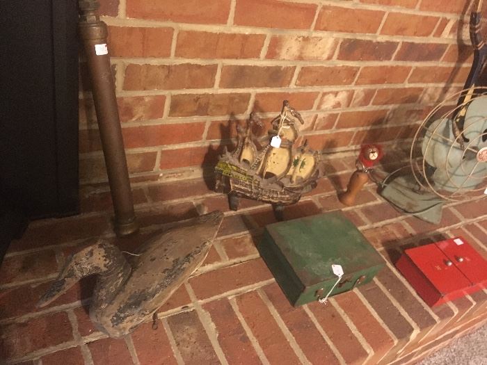 Antique Wooden Duck Decoy, Antique Cast Iron Door Stop, Antique Metal Boxes,Antique Fan.