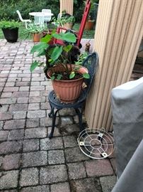 WROUGHT IRON CHAIRS, PLANTS, RED PAINTED ROCKER