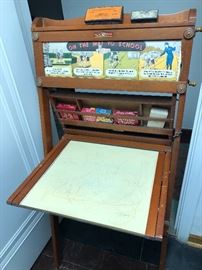 1930’s FOLDABLE CHALKBOARD, EASEL, FOLDOUT DESK, PAPER SCROLL
