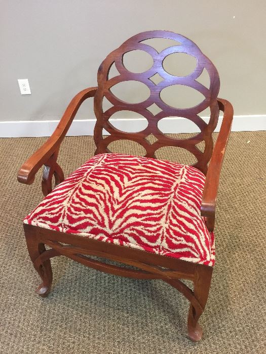 Red Zebra Print Upholstered Wood Arm Chair