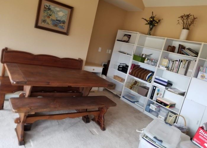 Solid wood Amish Table with bench seating.  Tall White storage bookcases