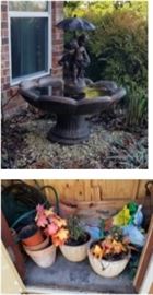 Large outdoor fountain.  Pots and planters and gardening