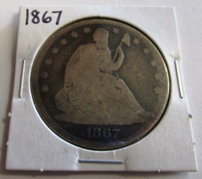 1867 Seated half dollar silver coin