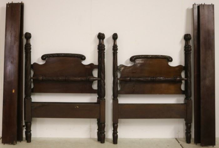 Matched pair acanthus carved twin beds