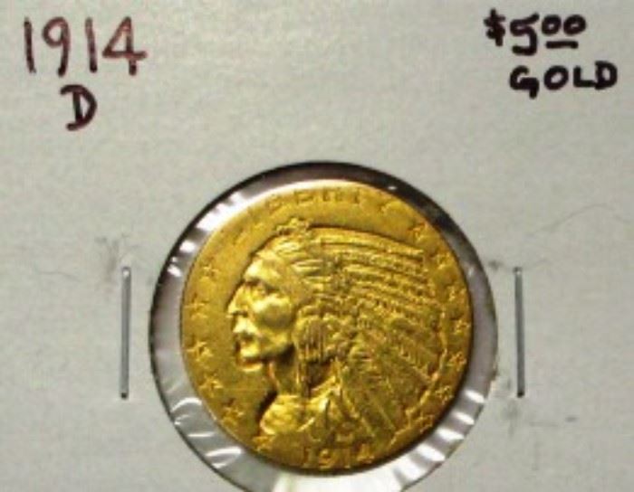 1914-D $5 gold Indian coin