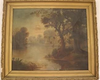 Antique oil on canvas river scene