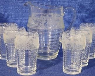 Paden City etched Black Forest water set