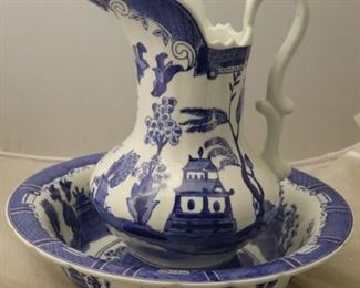 Blue and white wash bowl and pitcher