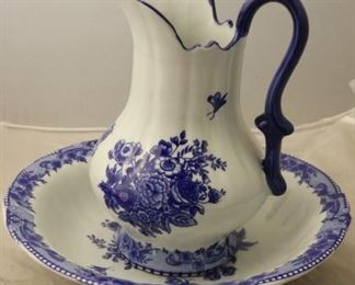 White and blue wash bowl and pitcher