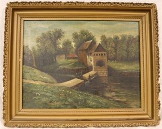 Oil on canvas mill scene artist signed