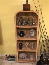 Fishing poles, wicker shelf, silver tea set, vases