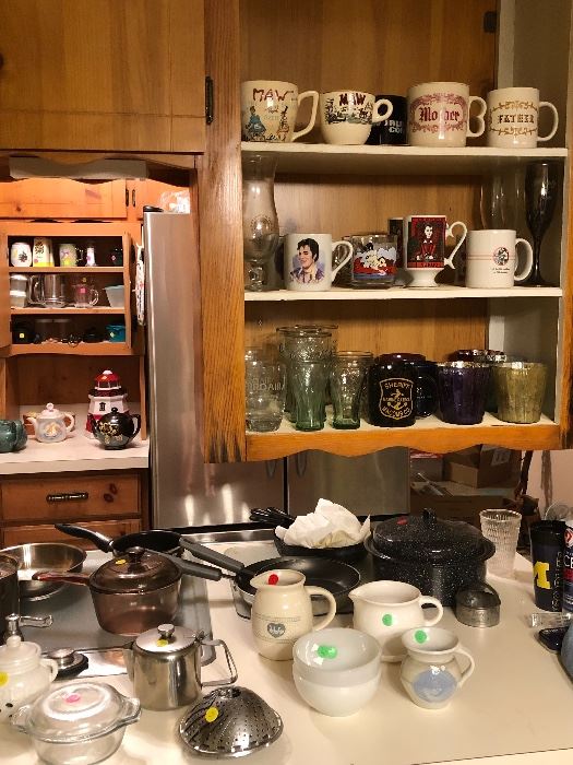 Glasses, mugs, Elvis collector mugs, wine glasses, pots, bowls, tea pot