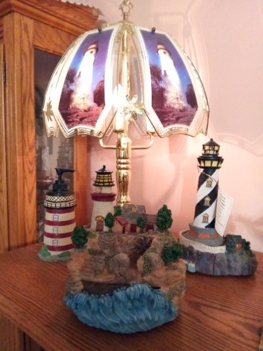 Touch lamp, lighthouse pump soap container, lighthouse figures, ceramic waterfall