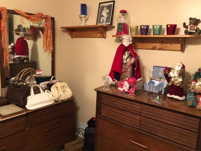Purses, candle, autographed baseball picture, gumball machine, Santas 
