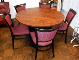 Round Pedestal Diner Table 30"H x 47.5"W With Upholstered Dining Chairs Qty. 5