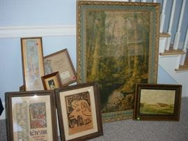 Some of the MANY art framed pieces, posters, old calendars, and more