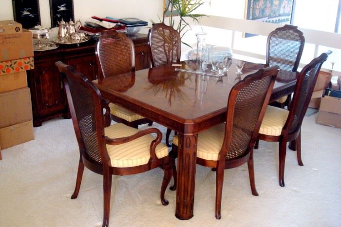 Century Furniture, Hickory N.C. table, six chairs and side board, 