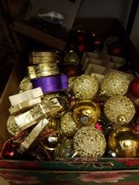 Box of red and gold Christmas ornaments
