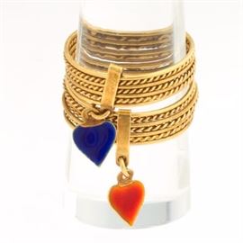  Two Gold and Enamel Wire Ring Sets with Heart Locks 