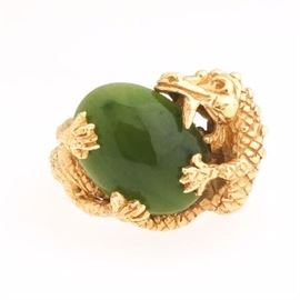 14k Yellow Gold Dragon Ring with Jade
