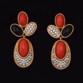 A Pair of Coral, Onyx and Diamond Earrings 