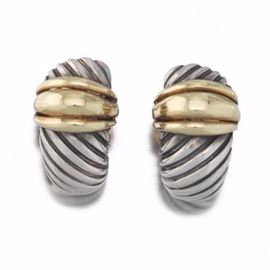 A Pair of David Yurman Sterling Silver and Gold Earrings 