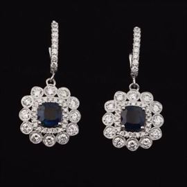 A Pair of Diamond and Sapphire Pendant Earrings 
