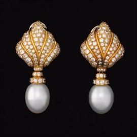 A Pair of Diamond and South Sea Pearl Earrings 