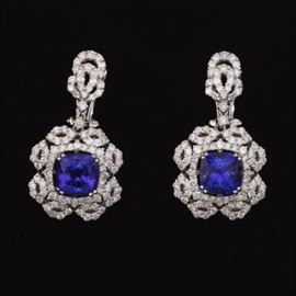A Pair of Diamond and Tanzanite Pendant Earrings 