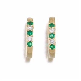 A Pair of Emerald and Diamond Huggie Earrings 